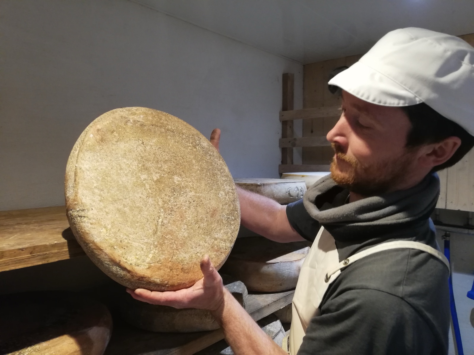 Mathis Baumann tenant une meule de fromage dans sa fromagerie